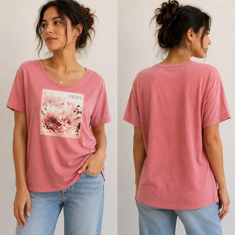 Boho Pink MOM Floral Graphic Tee Celebrate Mothers Day T-Shirt Large 12-14